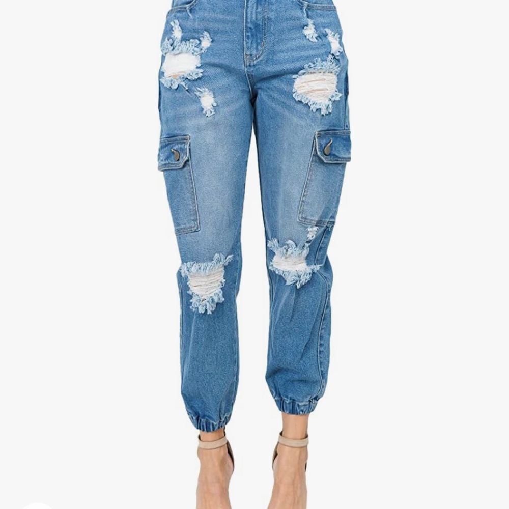 High waist ripped cargo jean joggers